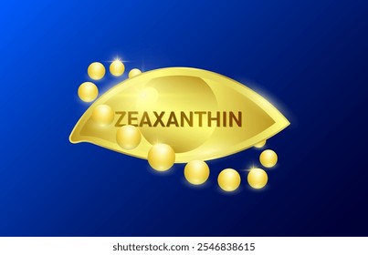 Golden eye surrounded by zeaxanthin on blue background. For design dietary supplement products. Natural extracts of marigold flowers. Help eyesight and vision. Medical scientific. 3D Vector.