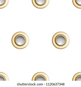 Golden eyelet seamless pattern isolated on white background. Metal polka dot with hole imitation. Vector repaet wallpaper with gold rings, fashion textile print, abstract geometric backdrop.