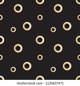 Golden eyelet seamless pattern isolated on black background. Metal polka dot with hole imitation. Vector repaet wallpaper with gold rings, fashion textile print, abstract geometric backdrop.