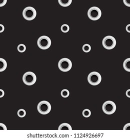 Golden eyelet seamless pattern isolated on black background. Metal polka dot with hole imitation. Vector repaet wallpaper with silver rings, fashion textile print, abstract geometric backdrop.