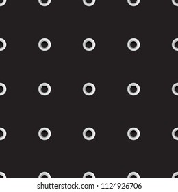 Golden eyelet seamless pattern isolated on black background. Metal polka dot with hole imitation. Vector repaet wallpaper with silver rings, fashion textile print, abstract geometric backdrop.