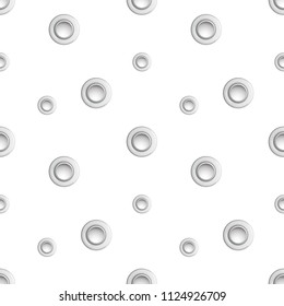 Golden eyelet seamless pattern isolated on white background. Metal polka dot with hole imitation. Vector repaet wallpaper with silver rings, fashion textile print, abstract geometric backdrop.
