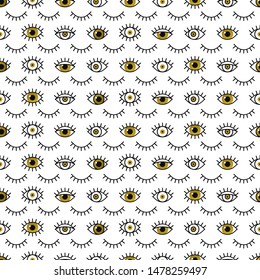 Golden eyes pattern in line style. Fashion background in 80s. Minimal design. Various closed and open in gold. Line art.