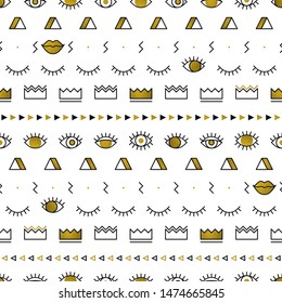 Golden eyes pattern with lips, crown, lightning and geometric shapes in memphis style. Fashion background in 80s. Minimal design. Closed and open eyes in gold. Triangle, zigzag. Line art.