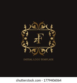Golden F Initial logo. Frame emblem ampersand deco ornament monogram luxury logo template for wedding or more luxuries identity