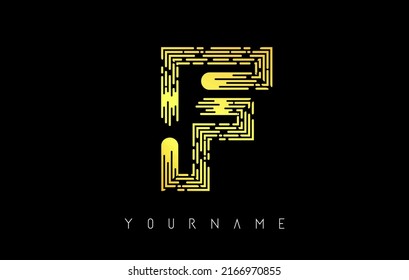 Golden F letter logo concept. Creative Minimal Monochrome Monogram emblem design template with lines and finger print pattern. 