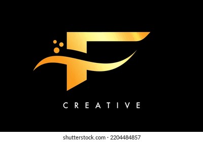 Diseño con el logotipo Golden F con elegante Swoosh creativo y vector de puntos. Icono moderno de letra F de moda con corte de línea curvada e Ilustración de vectores de aspecto minimalista.