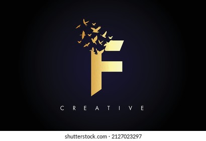 Golden F Logo Letter with Flying Flock of Birds Disintegration from the Letter. F Goldener Texturbrief mit Vogel Fly Letter Symbol.