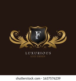 Golden F Logo Luxurious Shield, creative vector design concept for luxury business indentity.