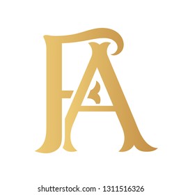 Golden FA monogram isolated in white.