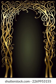 Golden fabulous forged arch made of vines. Vector 3d. Oriental cover style