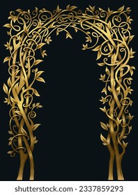 Golden fabulous forged arch made of vines. Vector 3d. Oriental cover style