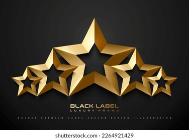 Golden faceted 5 star top rank logo badge. Luxury gold sign, black background. Abstract vector premium achievement five star icon. Reflection light effect