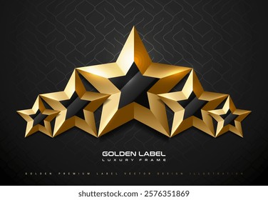 Golden faceted 5 star top rank logo badge. Luxury gold sign, black background. Abstract vector premium achievement five star icon. Reflection light effect