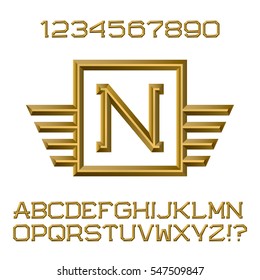 Golden faceted letters and numbers with winged initial monogram. Beautiful presentable font kit for logo design.