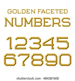 Golden faceted numbers. Trendy and stylish golden font. Isolated figures.