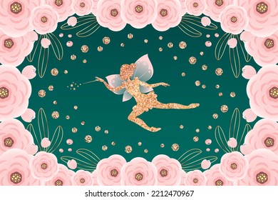Golden fairy princess baby shower backdrop. Birthday party background with a little pixie silhouette and a beautiful floral frame. Vector illustration 10 EPS.