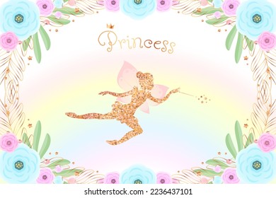 Golden fairy princess baby shower backdrop. Birthday party background with a little pixie silhouette and a beautiful floral frame. Vector illustration 10 EPS.