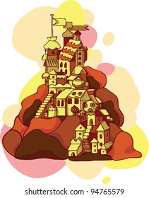 Golden fairy tale castle, drawn in a cartoon style