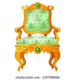 Golden fairy tale royal throne with a print in the form of a green frog isolated on white background. Vector cartoon close-up illustration.