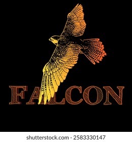 A golden falcon soaring with its wings fully extended, symbolizing power and grace. The bird's body glows with a warm amber tone, contrasting beautifully with the black background. The text "FALCON" 