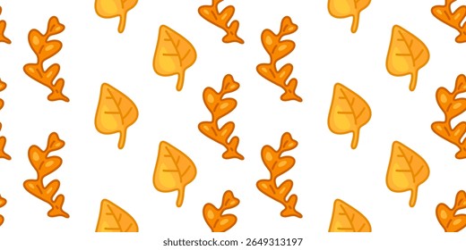Golden Fall deixa design padrão. Padrão contínuo com desenhos animados laranja dourada e folhas de outono amarelas. Ilustração de estilo plano em fundo branco, paleta de cores quentes.