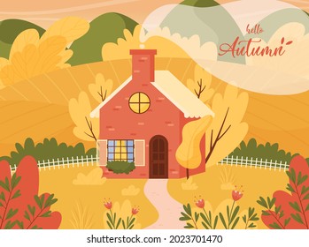 Golden fall season. Autumn landscape scene with farm cottage house. Fields and hills. Hello Autumn lettering. Vector illustration.