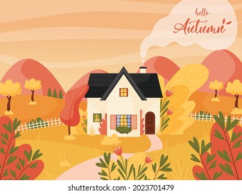 Golden fall season. Autumn landscape scene with farm cottage house. Fields and hills. Hello Autumn lettering. Vector illustration.