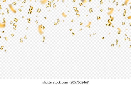 Golden falling 3d confetti, party or celebration background. Gold flying award tinsel, ribbon and glitter. Holiday festive vector decoration. Sparkling and shining decor for birthday greeting