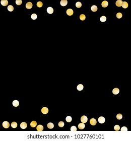 Golden Falling Confetti Isolated on Black Background. Light Festive Pattern with Glitter for Christmas and New Year Decoration, Birthday Invitation, Poster or Greeting Card. Vector Gold Confetti.