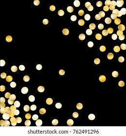 Golden Falling Confetti Isolated on Black Background. Light Festive Pattern with Glitter for Christmas and New Year Decoration, Birthday Invitation, Poster or Greeting Card. Vector Gold Confetti.