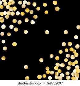 Golden Falling Confetti Isolated on Black Background. Light Festive Pattern with Glitter for Christmas and New Year Decoration, Birthday Invitation, Poster or Greeting Card. Vector Gold Confetti.