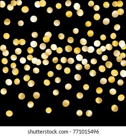 Golden Falling Confetti Isolated on Black Background. Dark Festive Pattern with Tinsels for Christmas and New Year Decoration, Birthday Invitation, Poster or Greeting Card. Vector Gold Confetti.
