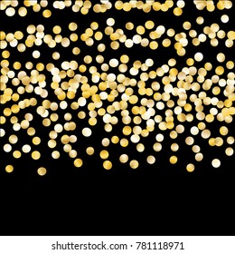 Golden Falling Confetti Isolated on Black Background. Dark Festive Pattern with Tinsels for Christmas and New Year Decoration, Birthday Invitation, Poster or Greeting Card. Vector Gold Confetti.