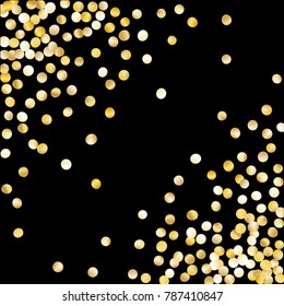 Golden Falling Confetti Isolated on Black Background. Dark Festive Pattern with Sparkles for Christmas and New Year Decoration, Birthday Invitation, Poster or Greeting Card. Vector Gold Confetti.