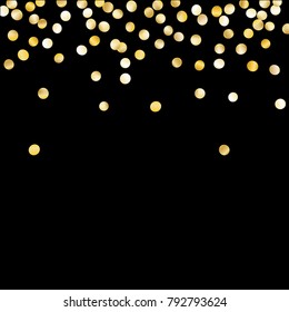 Golden Falling Confetti Isolated on Black Background. Dark Festive Pattern with Tinsels for Christmas and New Year Decoration, Birthday Invitation, Poster or Greeting Card. Vector Gold Confetti.