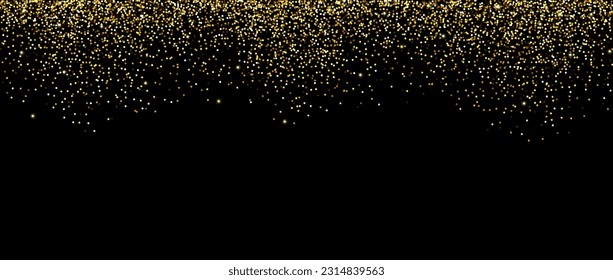 Golden falling confetti on dark background. Repeating gold glitter pattern. Yellow and golden dots wallpaper. Celebration party decoration. Vector backdrop 