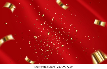 Golden falling confetti on red satin background. Luxurious background for Christmas, New year and Chinese new year, festive, party or holiday background. Flat-lay, top view. Vector illustration EPS10.