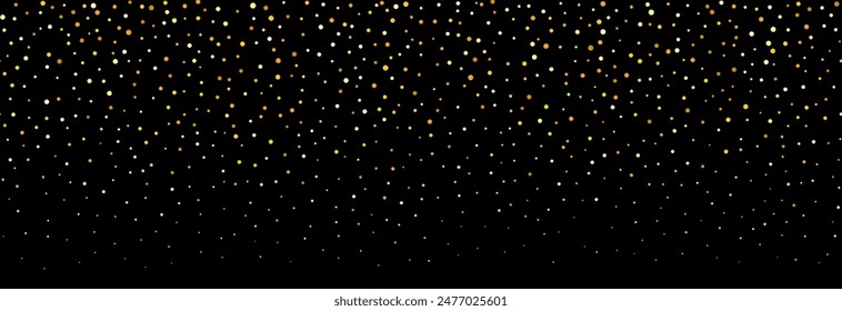 Golden falling confetti pattern on black background. Repeating gold glitter pattern. Yellow and golden dots wallpaper. Celebration Christmas, New Year or birthday party decoration. Vector backdrop