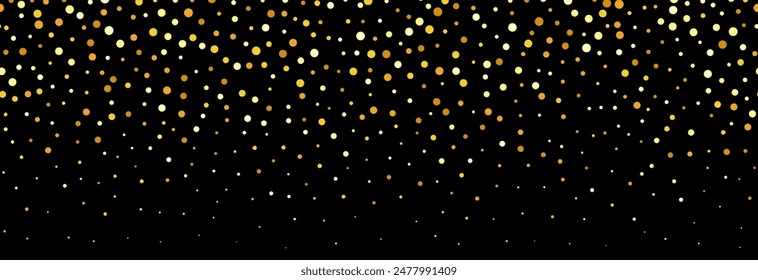 Patrón de confeti de caída dorado sobre fondo negro. Patrón de brillo dorado repetitivo. Fondo de pantalla de puntos amarillos y naranjas. Navidades de celebración, año Nuevo o decoración de cumpleaños. telón de fondo de Vector