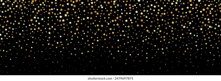 Golden falling confetti pattern on dark background. Repeating gold glitter pattern. Yellow and orange dots wallpaper. Celebration Christmas, New Year or birthday party decoration. Vector backdrop