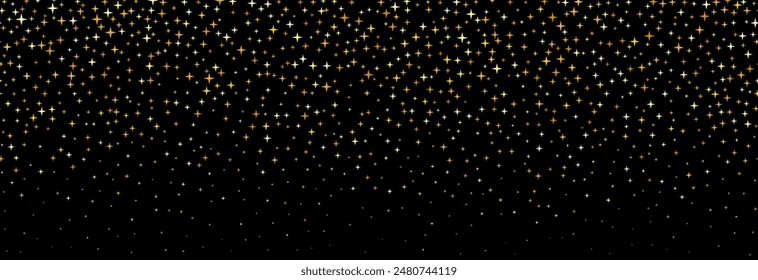 Golden falling confetti pattern on black background. Repeating gold glitter pattern. Yellow and orange dots wallpaper. Celebration Christmas, New Year or birthday party decoration. Vector backdrop