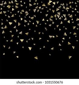 Golden falling confetti triangles on a black background. Abstract background of celebration in the form of a golden triangle.Decorative element. Suitable for your design, cards, invitations, gifts.