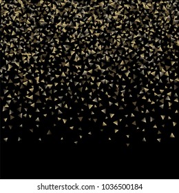 Golden falling confetti triangles on a black background. Abstract background of celebration in the form of a golden triangle.Decorative element. Suitable for your design, cards, invitations, gifts.