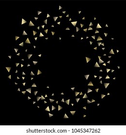 Golden falling confetti triangles on a black background. Abstract background of celebration in the form of a golden triangle.Decorative element. Suitable for your design, cards, invitations, gifts.