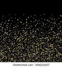 Golden falling confetti triangles on a black background. Abstract background of celebration in the form of a golden triangle.Decorative element. Suitable for your design, cards, invitations, gifts.