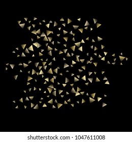 Golden falling confetti triangles on a black background. Abstract background of celebration in the form of a golden triangle.Decorative element. Suitable for your design, cards, invitations, gifts.