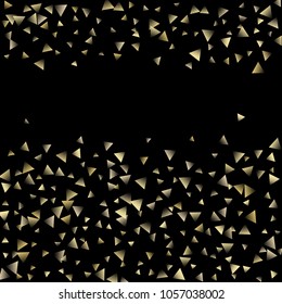 Golden falling confetti triangles on a black background. Abstract background of celebration in the form of a golden triangle.Decorative element. Suitable for your design, cards, invitations, gifts.