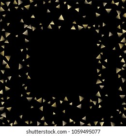 Golden falling confetti triangles on a black background. Abstract background of celebration in the form of a golden triangle.Decorative element. Suitable for your design, cards, invitations, gifts.