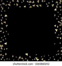 Golden falling confetti triangles on a black background. Abstract background of celebration in the form of a golden triangle.Decorative element. Suitable for your design, cards, invitations, gifts.